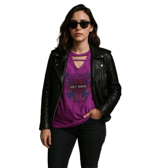 Harley-Davidson Women’s 1X Embellished Cut-Out Neckline Tee Purple Rhinestone T - Picture 1 of 7